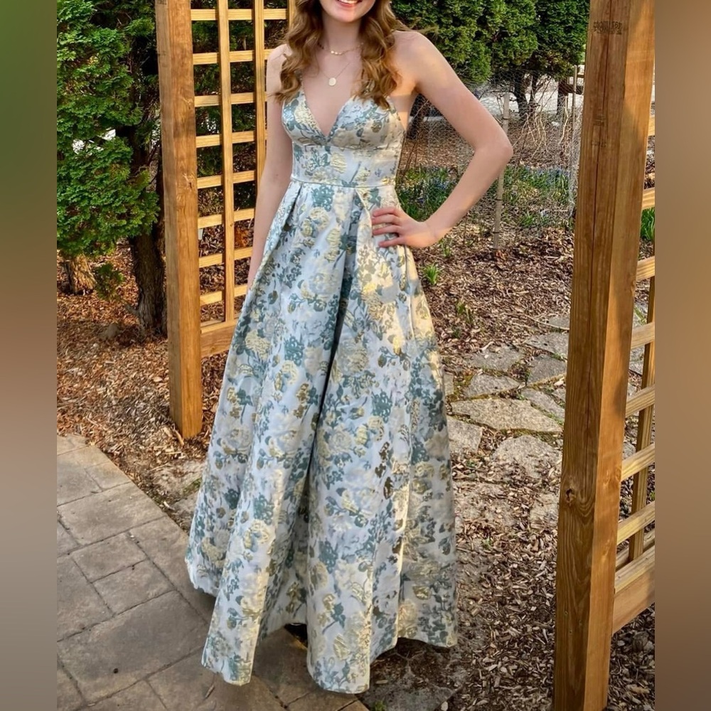 B Darlin Blue and Gold Floral Prom Dress